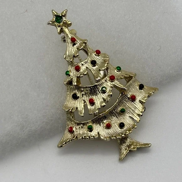 Vintage Gerry's Christmas Tree Pin, Gold Metal Green Red Decorations, Book Piece - Picture 9 of 15